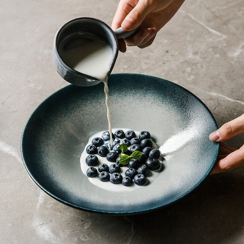 创意日式陶瓷拉面碗家用特色餐厅大汤碗菜碗 藏蓝粗点灰
