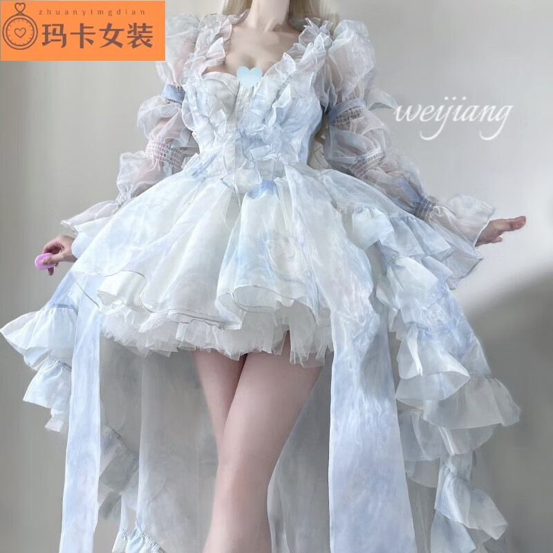 NJTD洛丽塔Lolita法式花嫁礼服抹胸连衣裙礼生日洋装公主lo萝莉塔 蓝色吊带裙+外披拖尾 (送裙撑) M 建议85-105斤