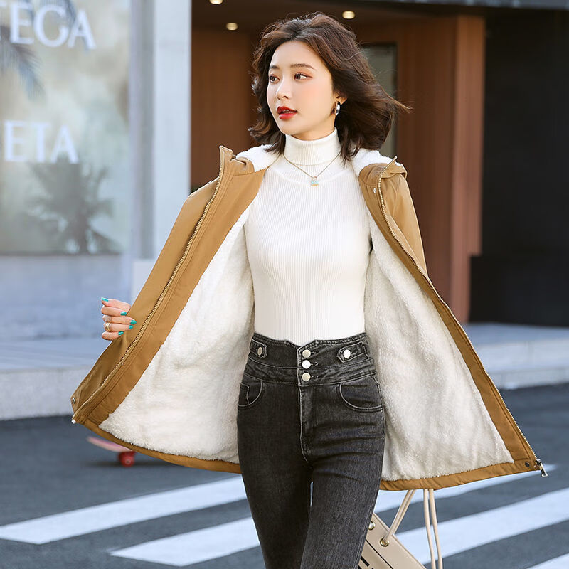 邦菲尔 加绒风衣女新款冬季韩版休闲宽松大衣洋气加厚中长款棉服外套 薄款-灰色 L 建议115-130斤左右
