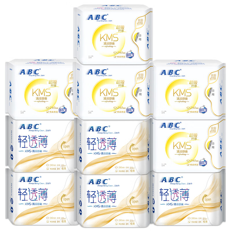 ABC KMS棉柔日用组合10包80片(轻透薄240mm*40片+纤薄240mm*40片)卫生巾套装