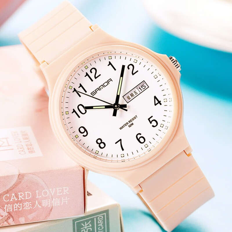 克洛奈CLNAI品牌手表超薄双日历夜光防水简约12数字学生考试腕表儿童男表女表多功能日期星期中性手表 黑带白面