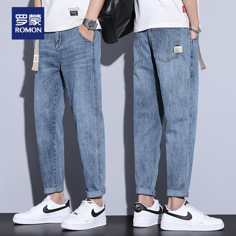 罗蒙(romon)牛仔裤男士九分裤新款青年学生百搭美式潮牌休闲宽松哈伦