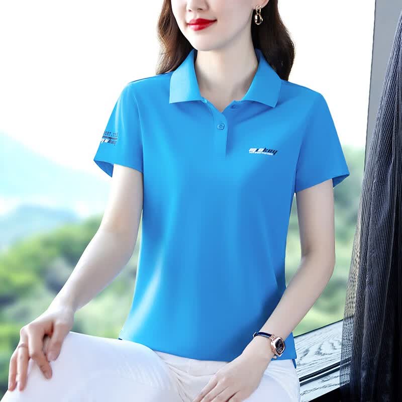 语缦翻领短袖t恤女冰丝时尚洋气夏季新款中年妈上衣女士休闲T恤polo衫 23343灰蓝 5XL 体重150-160斤