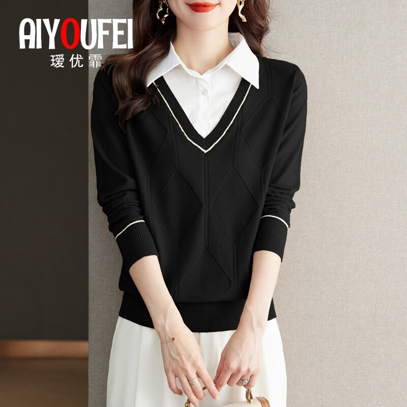 瑷优霏(aiyoufei)衬衣领针织衫女春秋装假两件新款通勤上衣洋气毛衣女内搭打底衫 218-5120黑色 L 建议105-115斤左右