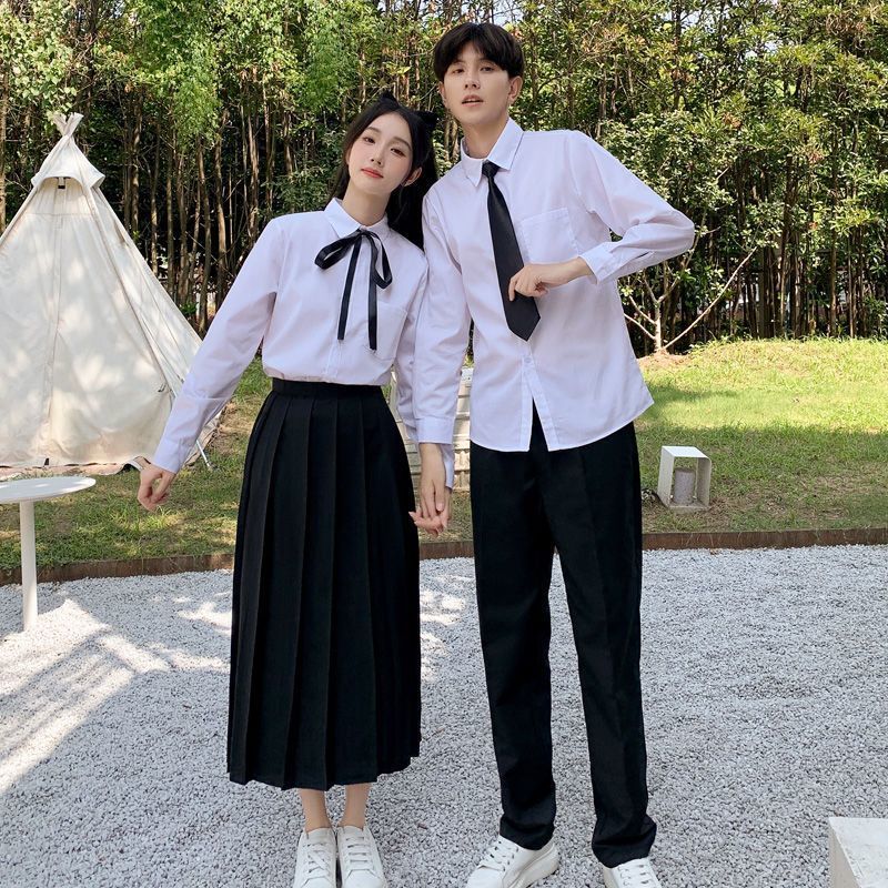 坐悠班服套装学院风高中学生大合唱演出服诗歌朗诵装韩版制服衬衫男 女白长袖+黑长裤+黑丝带 2XL