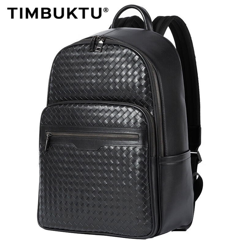 timbuktu品牌新款背包男真皮编织时尚男包多功能商务双肩包 黑色