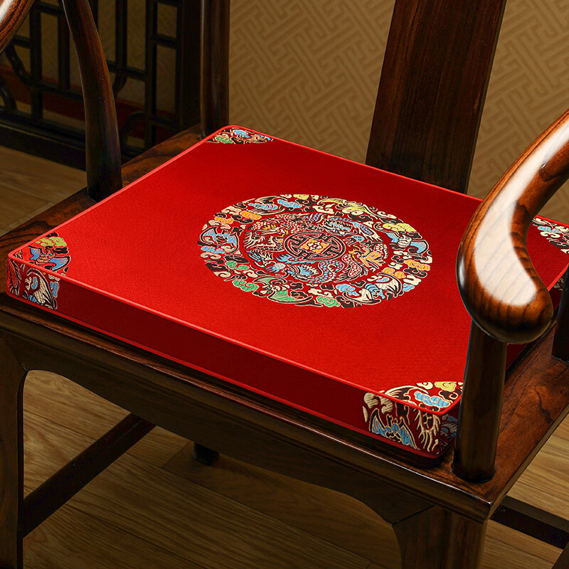 御芳阁仿古典圈椅太师椅茶椅餐椅垫防滑实木沙发垫套新中式红木沙发坐垫 红色（大龙团） 50*44cm含5cm海绵