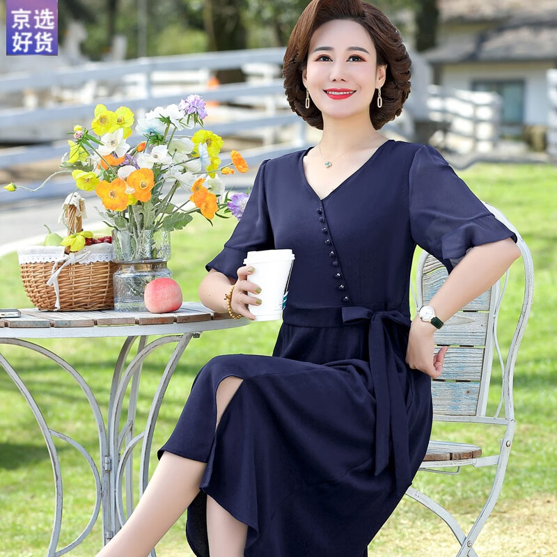 中年妈妈连衣裙夏装新款50岁40洋气高贵中老年妇女装夏季短袖裙子