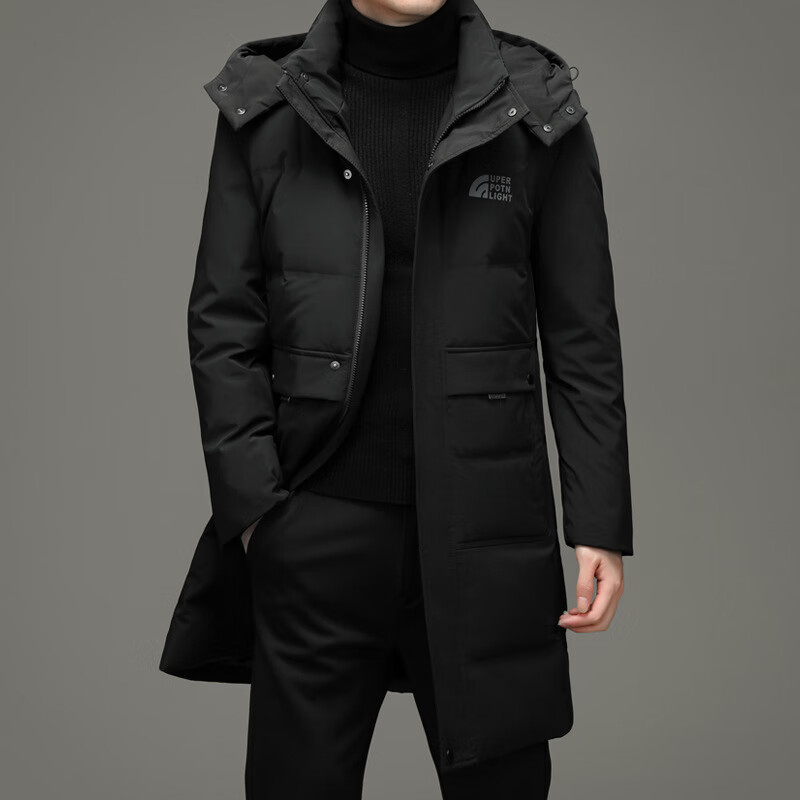 法莎尼亚轻奢品牌羽绒服男2022冬季新款中长款保暖中年男士时尚纯色连帽白鸭绒男装外套 黑色 XL