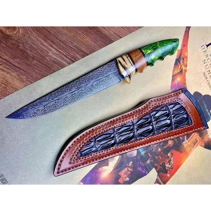 雨轩户外高碳钢一体羽毛纹直刀户外小刀酸洗黑白纹刀身猛犸牙稳定木