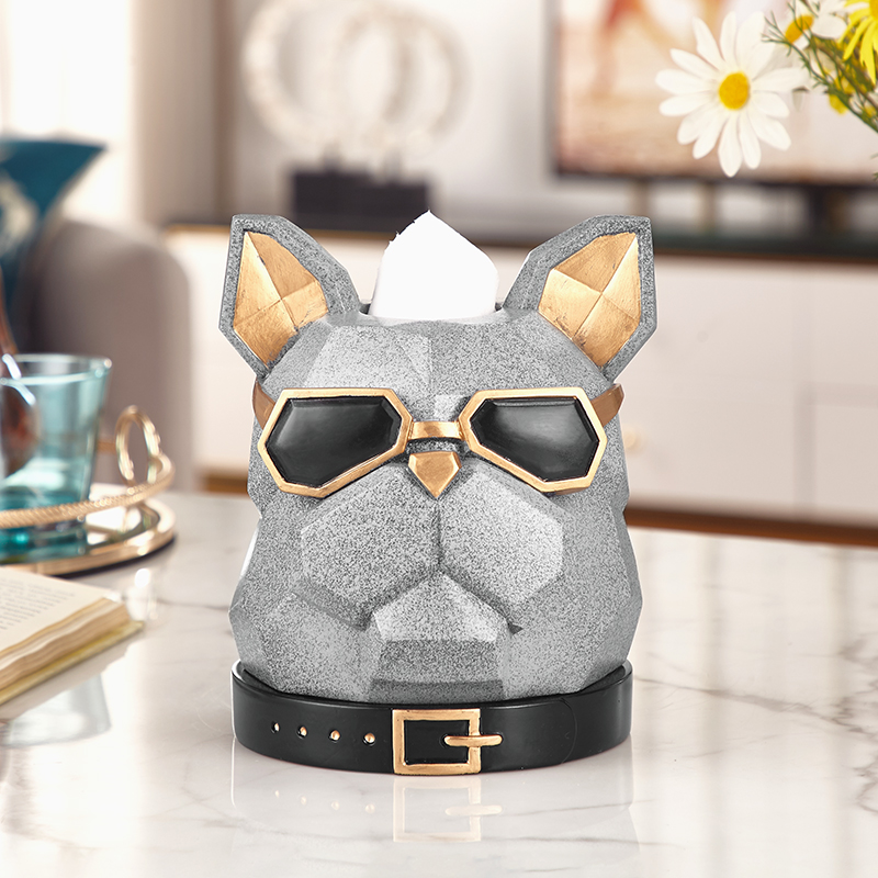 纸巾盒 欧式客厅摆件玄关电视柜装饰工艺品摆设 来福狗纸巾盒高级灰