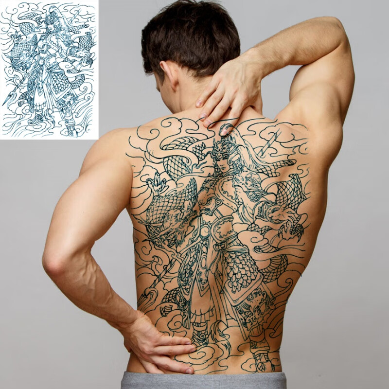 vieruodis刺青色满背赵子龙线条仿真纹身贴抗水男女后背枪出如龙战旗