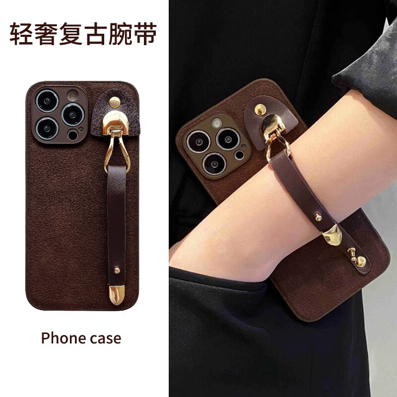 轻奢复古腕带苹果15手机壳女生iPhone14promax硅胶防摔13创意新款12高级感皮质全包软壳 【深棕色】月坑纹+豆丁腕带 iPhone 14 pro max