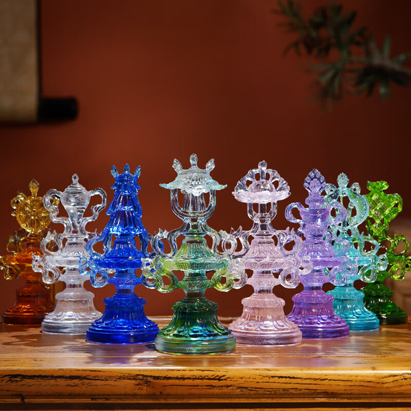 古颐轩八吉祥摆件藏式传供佛具家用琉璃七彩玄关佛堂桌面摆设工艺品