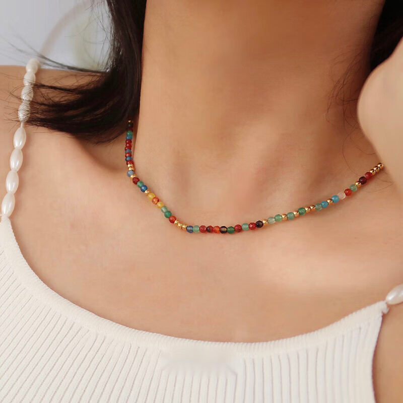 黛丝美七彩石项链女复古设计手工串珠锁骨链彩色水晶choker颈链 七彩