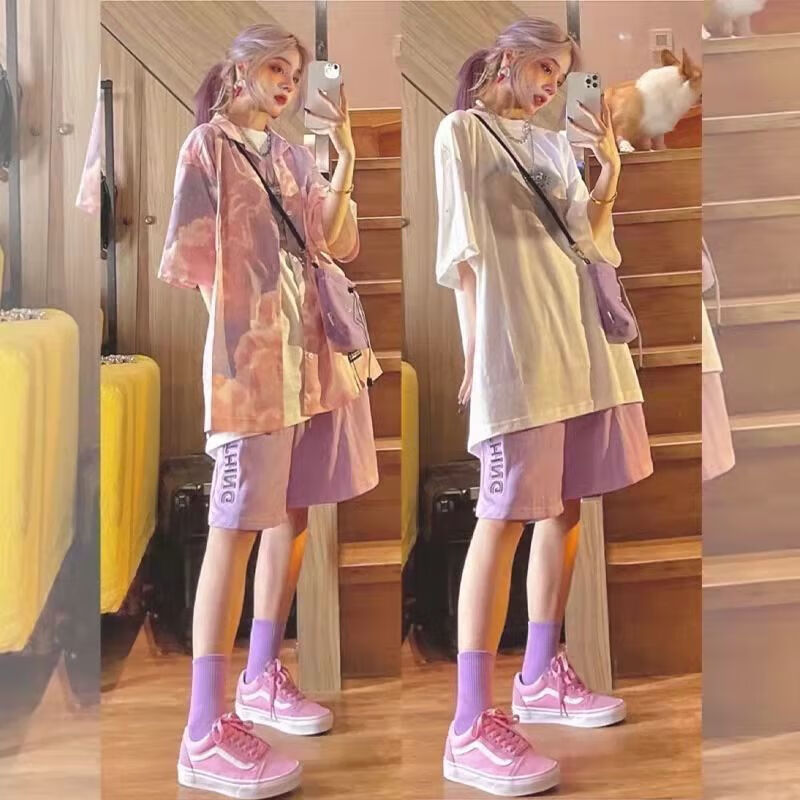 柠芯柠云多巴胺女孩穿搭夏日马卡龙套装减龄炸街时尚休闲酷酷洋气短裤