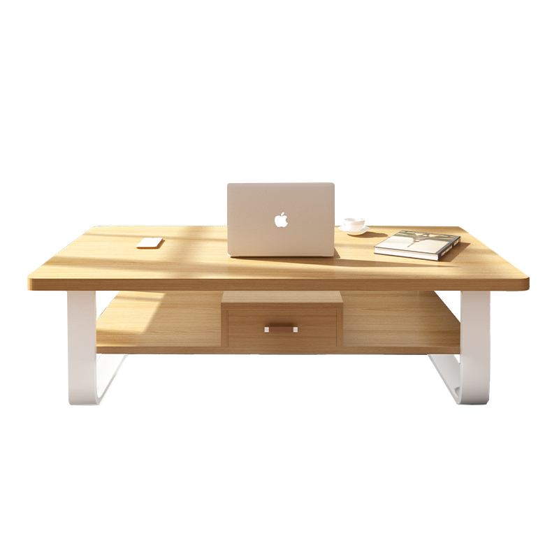 工来工往茶几桌子实木质感茶桌小户型客厅双层小茶几现代简约多功能带抽屉茶台小型创意茶几 茶几120+抽屉(浅胡桃色)