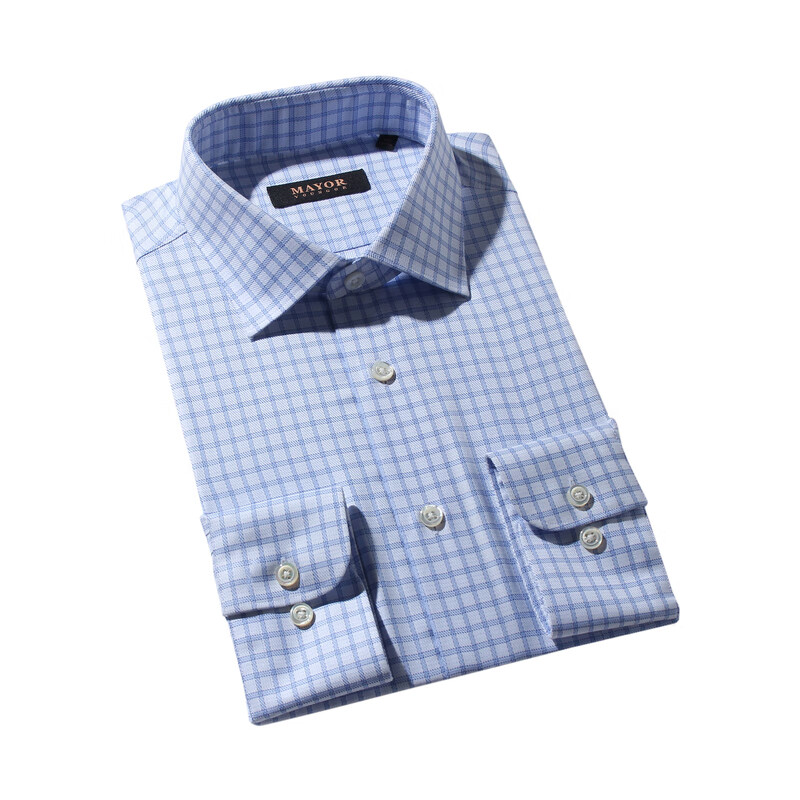 MAYOR男装 秋季ALBINI全棉格纹经典商务长袖衬衫 蓝色 38 170/84A
