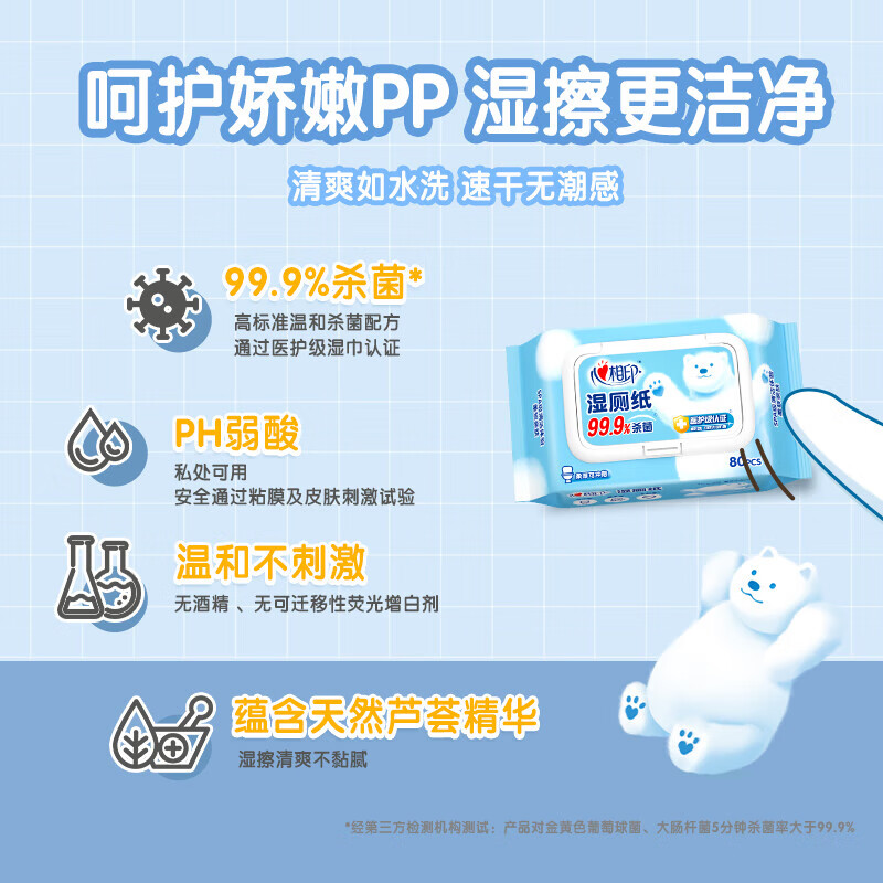 心相印湿巾 湿厕纸  私处清洁 带盖抽取  80抽装  新老包装随机发货