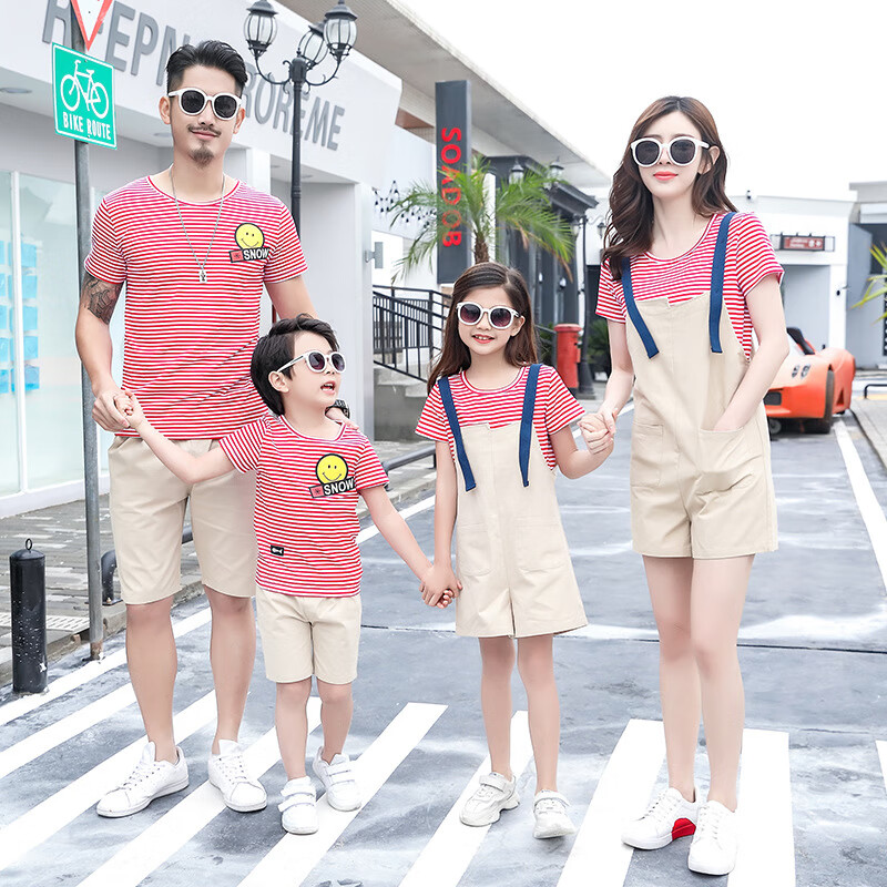 新款潮全家装一家三口四口母子母女背带裤夏装套装 间条红 爸爸m码