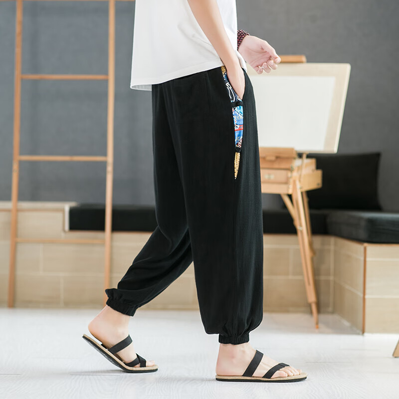 麦吖猴夏天男士灯笼裤男亚麻束脚休闲裤男生穿夏季裤子薄款中国风宽松