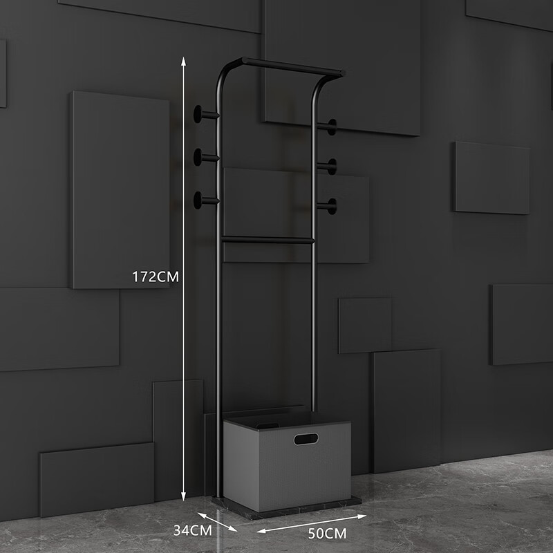 力洲（LIZHOU）带收纳筐衣帽架挂衣架落地卧室挂衣服架子带框脏衣篮多功能收纳架 新款-黑架黑石-灰色框