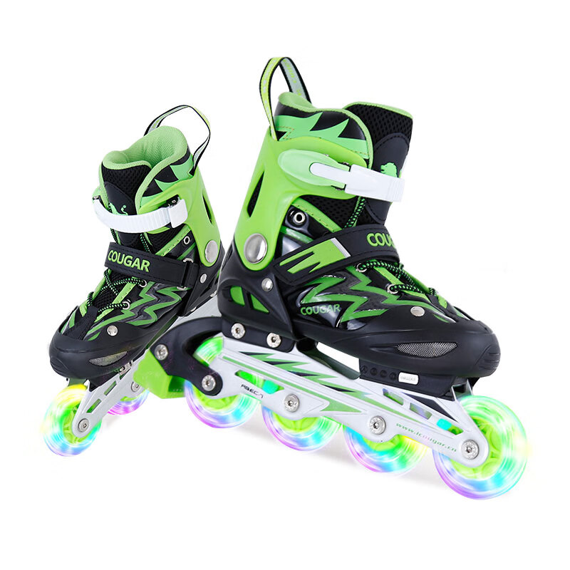 美洲狮(COUGAR)儿童可调休闲轮滑鞋刷街溜冰鞋全闪单鞋 黑绿色M码