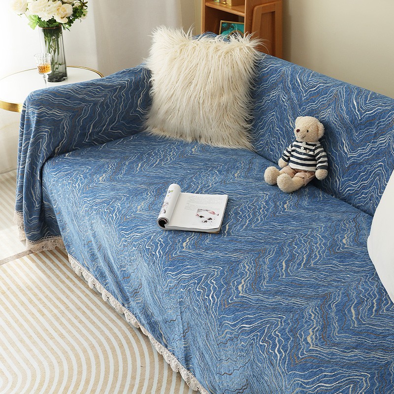 珂米雪尼尔沙发盖布全盖套罩四季通用防滑北欧网红沙发巾夏季2023新款 水波纹-蓝 180*420cm(五人位)