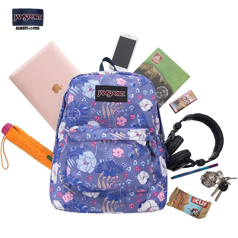 JANSPORT杰斯伯双肩包女书包背包ins风校园休闲包男TWK8 61M 蓝底繁华