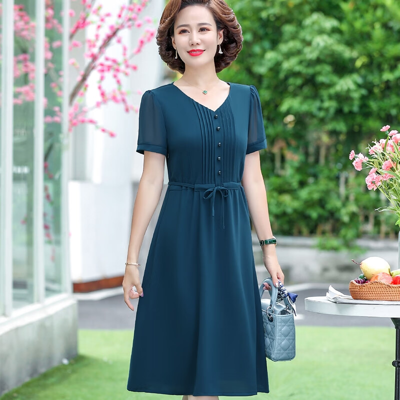 bicify小个子连衣裙高端50岁妈妈装轻妈妈夏装雪纺高贵中老年女夏季