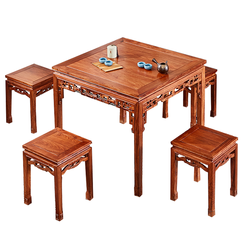 正荣府红木家具非洲花梨(学名:刺猬紫檀)实木餐桌正方形餐台明清古典小户型餐厅家具四方桌 0.88米餐桌+4中官帽