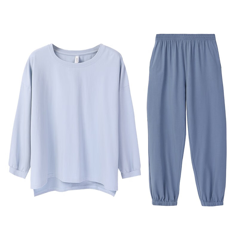 安之伴睡衣女纯棉春秋季素色可外穿女士套头长袖睡衣宽松家居服套装薄款 牛仔兰-女 L