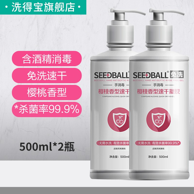 洗得宝免洗手消毒液洗手液500ml*2（含酒精）樱桃香型免洗速干凝胶型洗手液学生开学