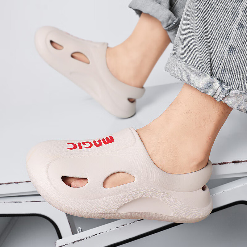 踩屎感时尚男士外穿防滑夏季新款包头凉拖鞋运动户外沙滩拖鞋 米白色 36-37