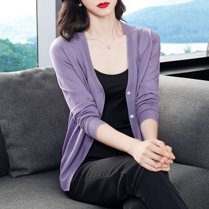 歌米拉 针织衫女开衫春秋毛衫女年新款设计感外搭宽松短款外套毛衣女 香芋紫 4XL