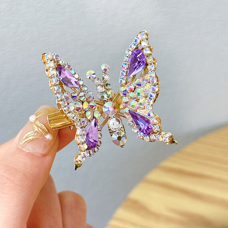 儿童超仙美水钻发卡头饰夹子甜美刘海夹小女孩碎 紫色钻石蝴蝶发夹