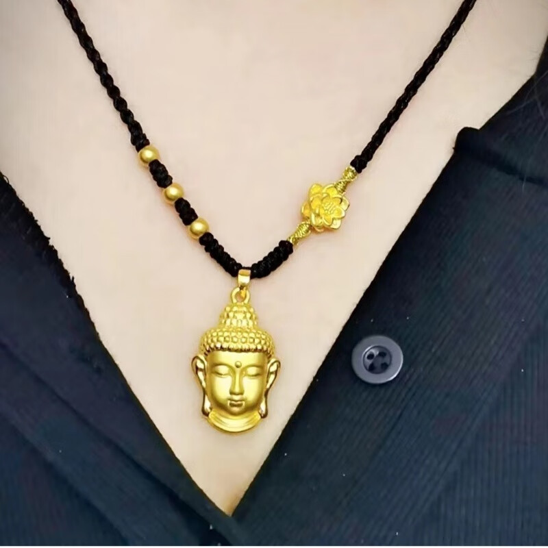tkid老凤凰999足金黄金佛头吊坠黄金项链女手工编织黑绳金编绳送女友
