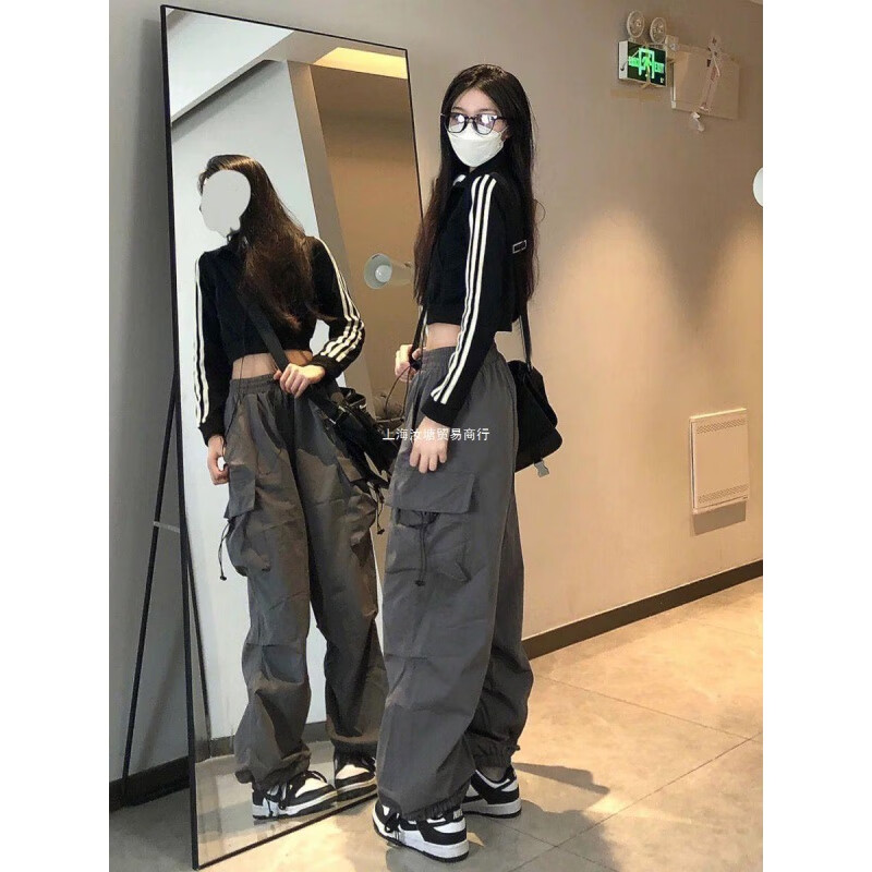 美式复古hiphop嘻哈工装裤女直筒宽松高腰显瘦多口袋运动休闲裤子 灰色 【斜纹原版面料】 S(建议70-95斤)