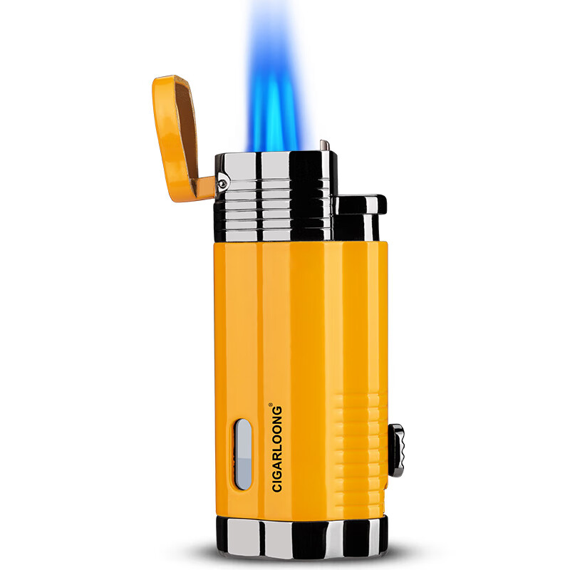 茄龙 （CIGARLOONG）雪茄充气打火机钛金属三管直冲蓝焰防风带雪钻个性创意电子点烟器 黄色