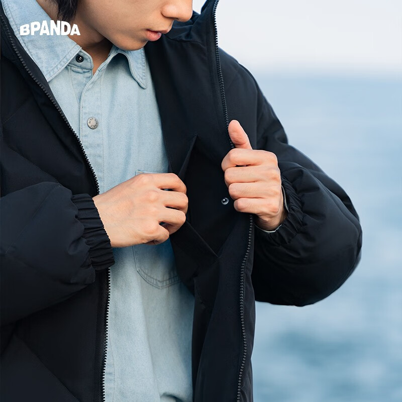 熊猫·本(ben.panda)连帽羽绒服男秋冬90%白鸭绒保暖面包服上衣多穿情侣外套 月夜黑 M