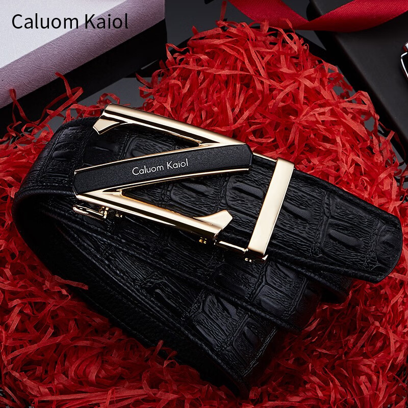 Caluom Kaiol品牌男士皮带真皮自动扣男士腰带商务牛皮裤腰带情人节礼物送男友 【专柜礼盒】8029时尚金色 110cm -130cm默认随机（可修剪）