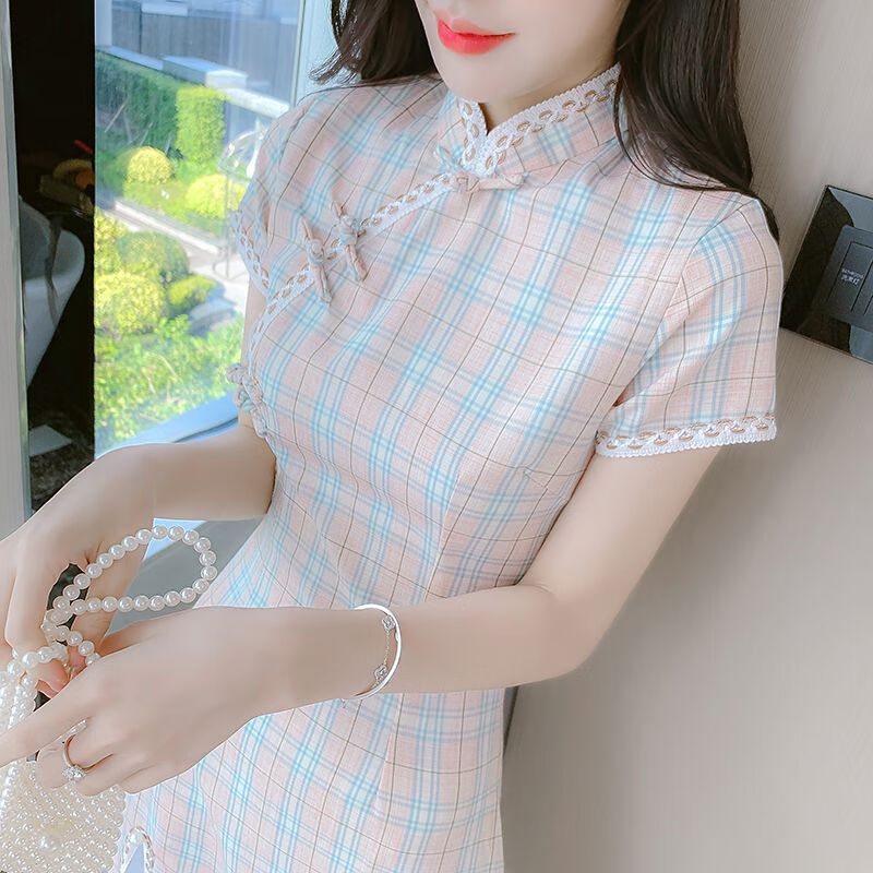 逗菁小个子初中女生夏天淑女风气质连衣裙格子旗袍2023年夏季新款复古