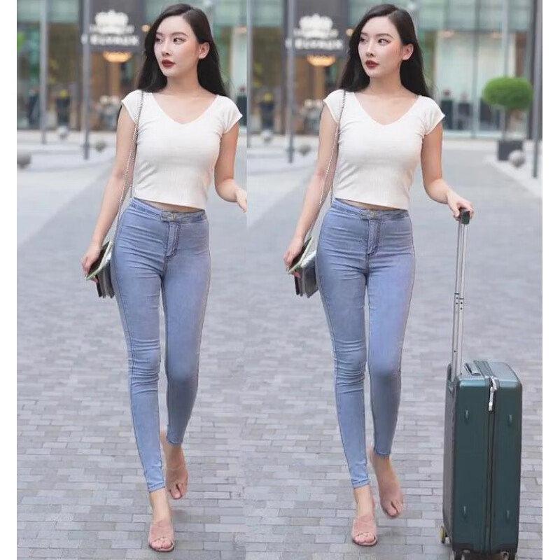 洛之潮蜜桃臀牛仔裤紧身性感提臀低腰弹力浅蓝女夏季薄款显瘦小脚铅笔