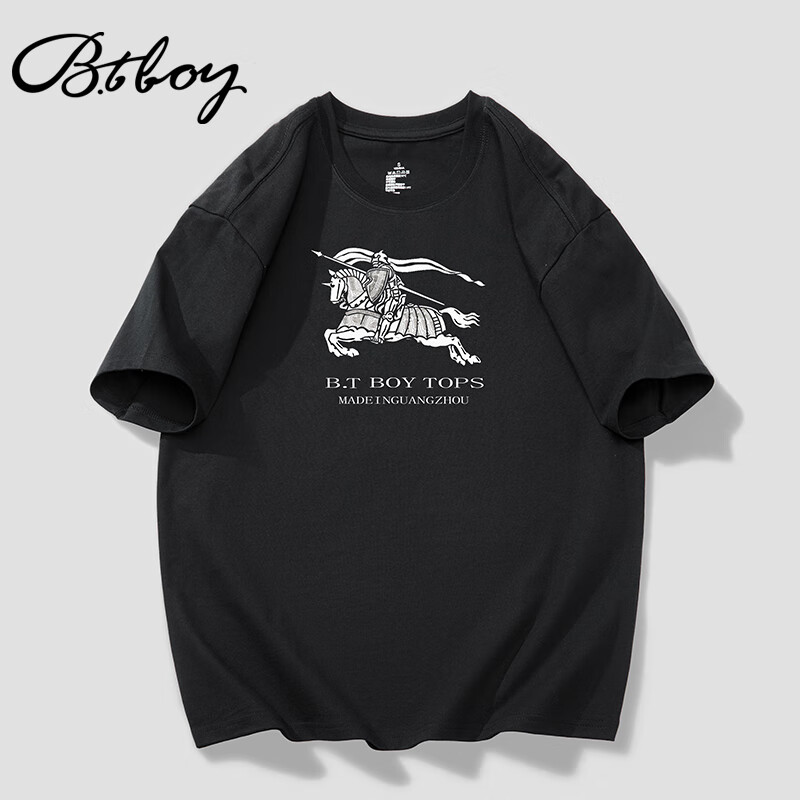 棒球小子（B.T BOY）新款男装潮牌重磅印花短袖T恤圆领宽松休闲百搭夏季纯棉半袖上衣 2135026黑色 S