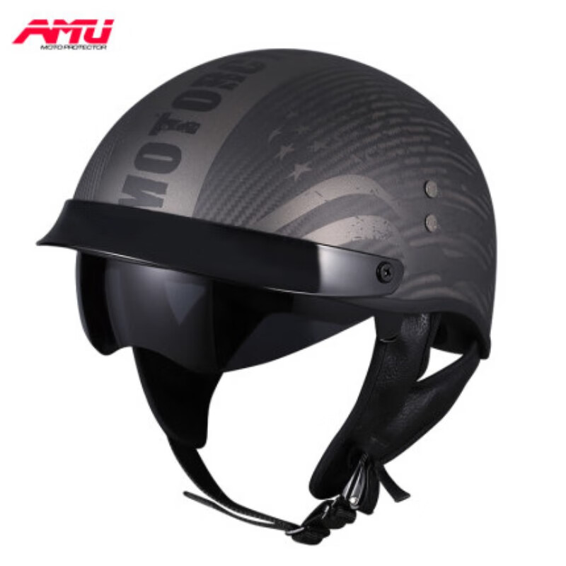 AMU碳纤维头盔摩托机车半盔四夏季男女复古瓢盔轻便凉爽个性通用 亚黑星际 XL