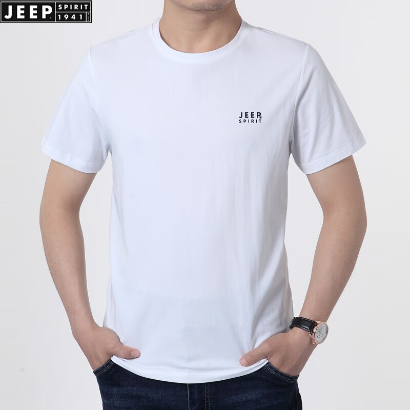 吉普JEEP短袖T恤圆领男装2020夏季宽松加大码纯色半袖体恤衫棉薄款上衣 白色 5XL