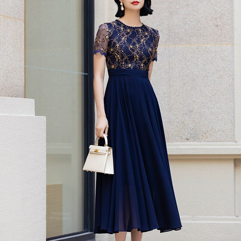 首尚格释(susongeth)首尚格释蓝色蕾丝拼接连衣裙夏2024新款气质修身