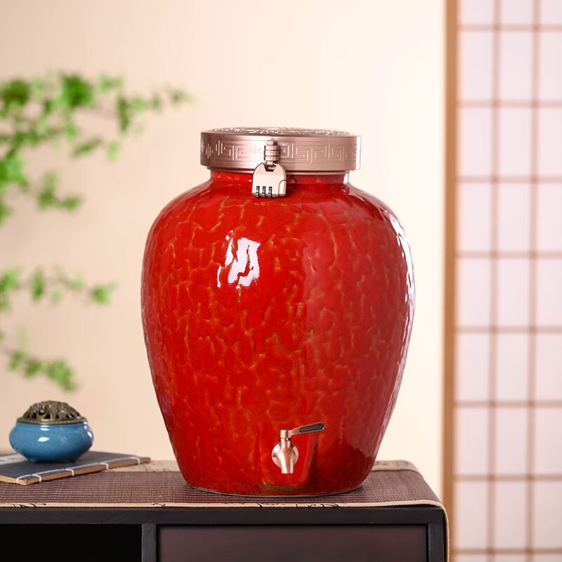 瓷蕓景德鎮(zhèn)陶瓷酒壇家用帶密封蓋酒罐儲(chǔ)酒罐大酒缸空酒瓶白酒壇泡酒瓶 紅色20斤帶龍頭 帶高分子蓋空壇
