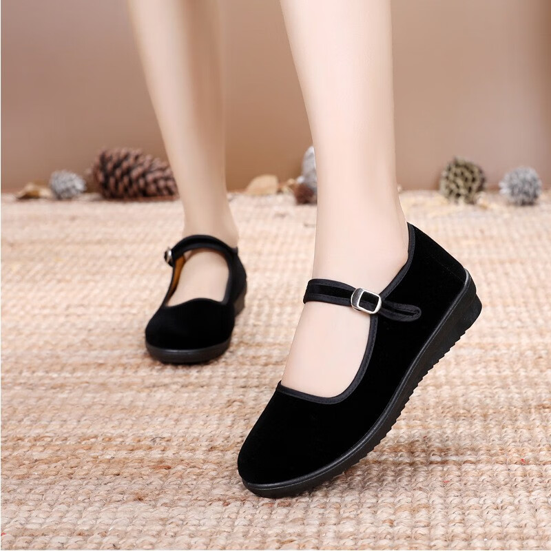 北京布鞋女黑一带礼仪鞋酒店工作鞋平底防滑方口黑布鞋舞蹈鞋 黑色 38