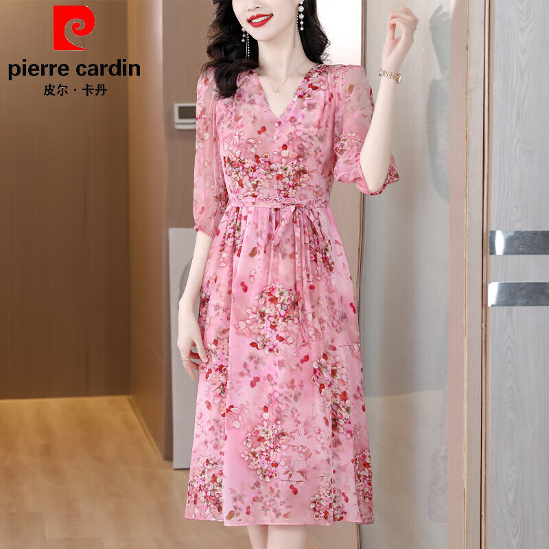 碎花连衣裙装春秋新款小个子收腰显瘦裙子v 粉色-中年女士十大品牌 m